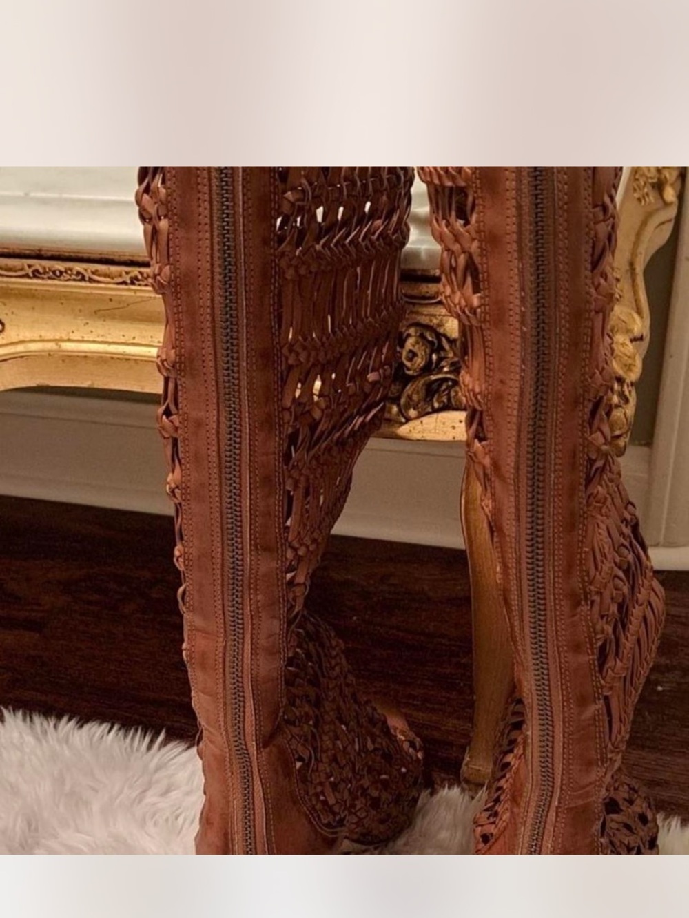 Nine West MACRAME Brown Woven Peep-Toe Knee-High Stiletto Boots - Picture 2 of 6